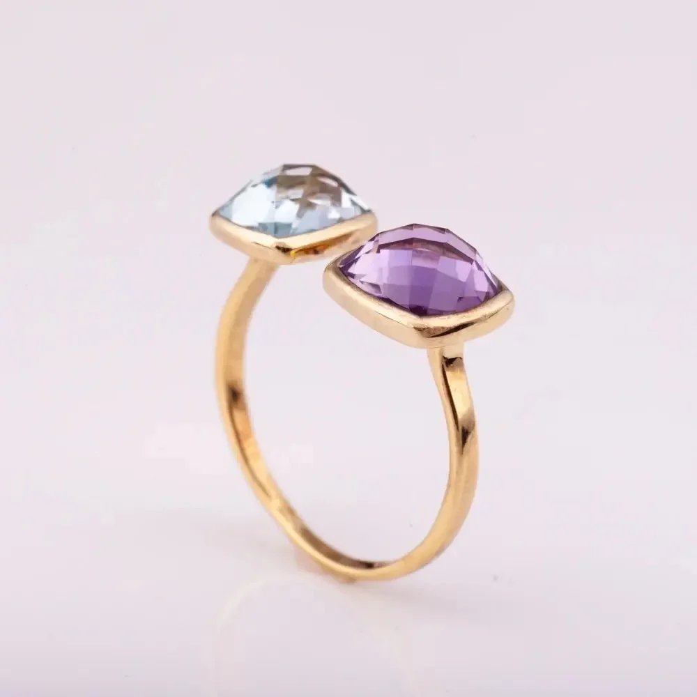 Роскошные 925 стерлингового серебра женское кольцо 14K позолоченный с натуральным голубым топазом Аметист бриллиант ограненный камень ювелирные изделия для подарка