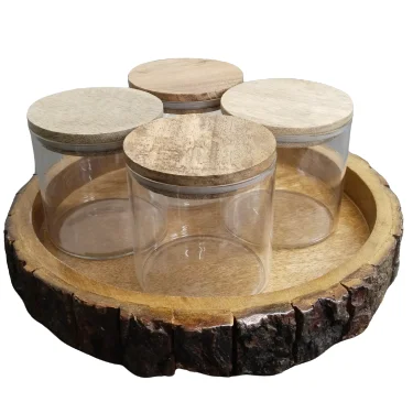 Top Quality Serving Wooden Tray with Borosilicate Glass Jars Set of Four Round Shape Wooden Tray used in Home Kitchen
