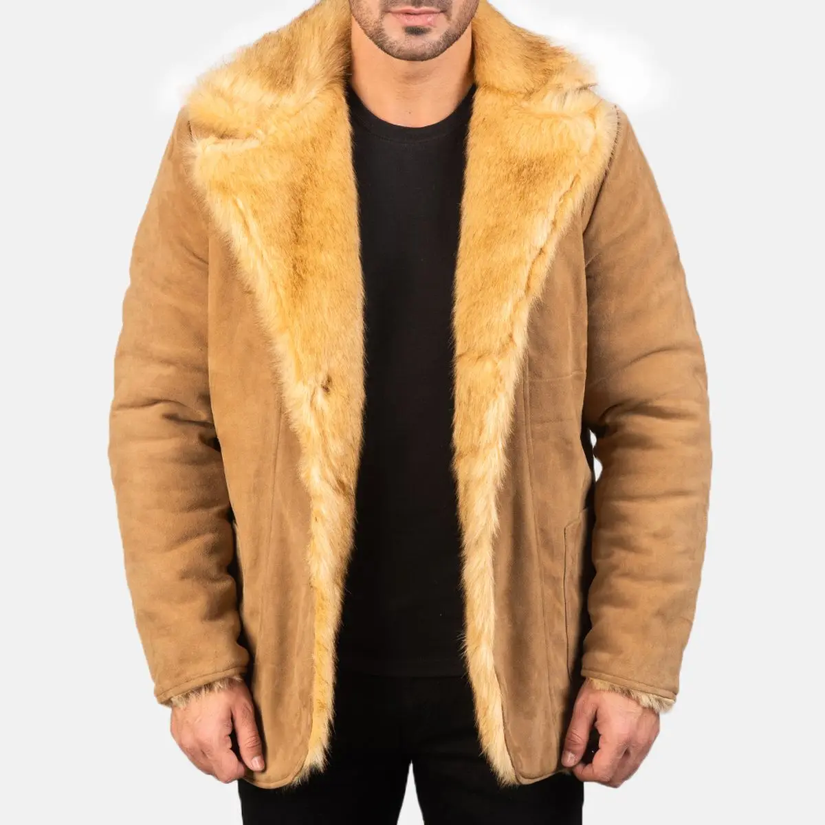 Orange with fully fur coats men leather jacket turn down collar 2 patch pockets button closure soft fur jackets