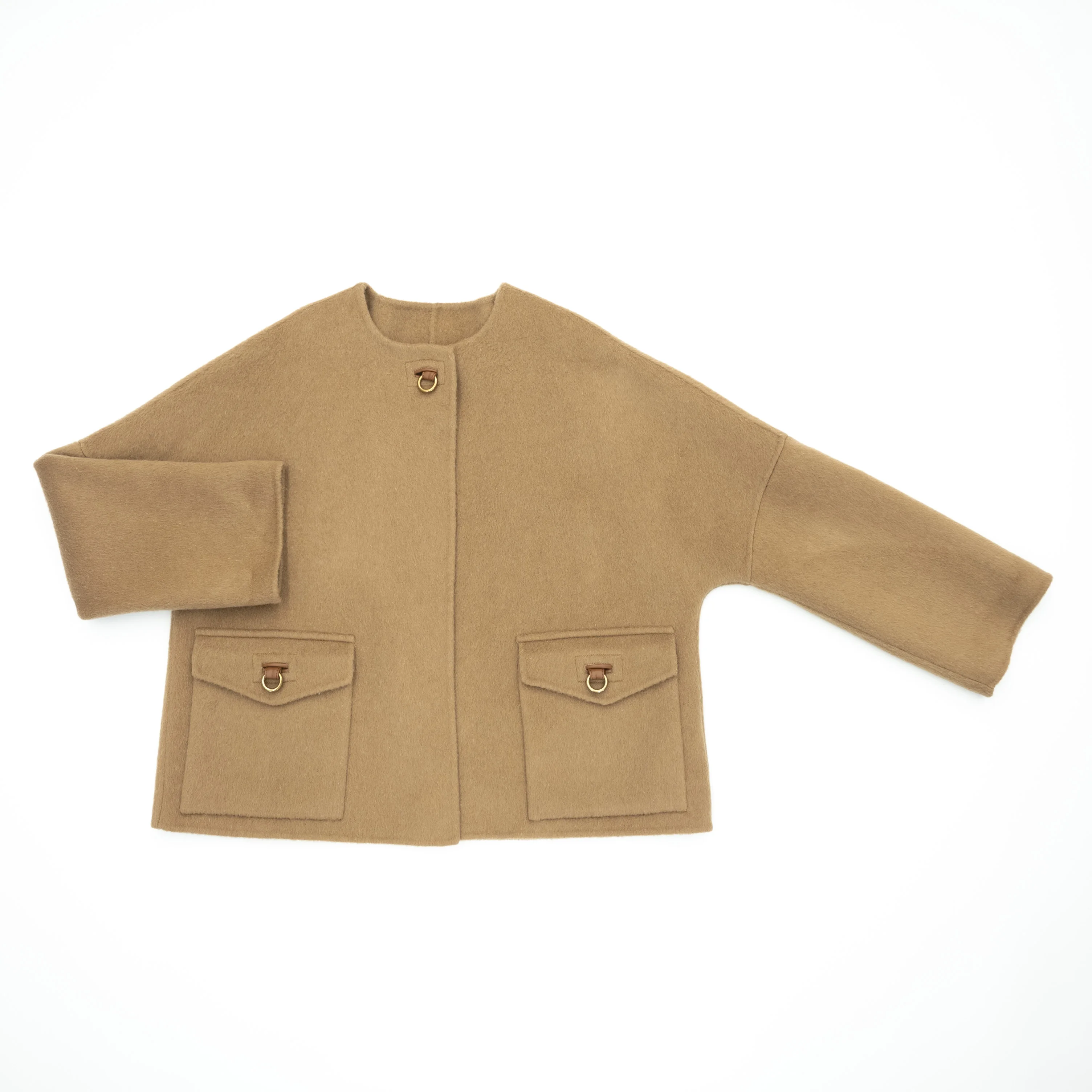 Delight Mood 70% Wool 30% Polyester Hand Made Seams Metal Ring Button Camel Color Women Wool Short Jacket