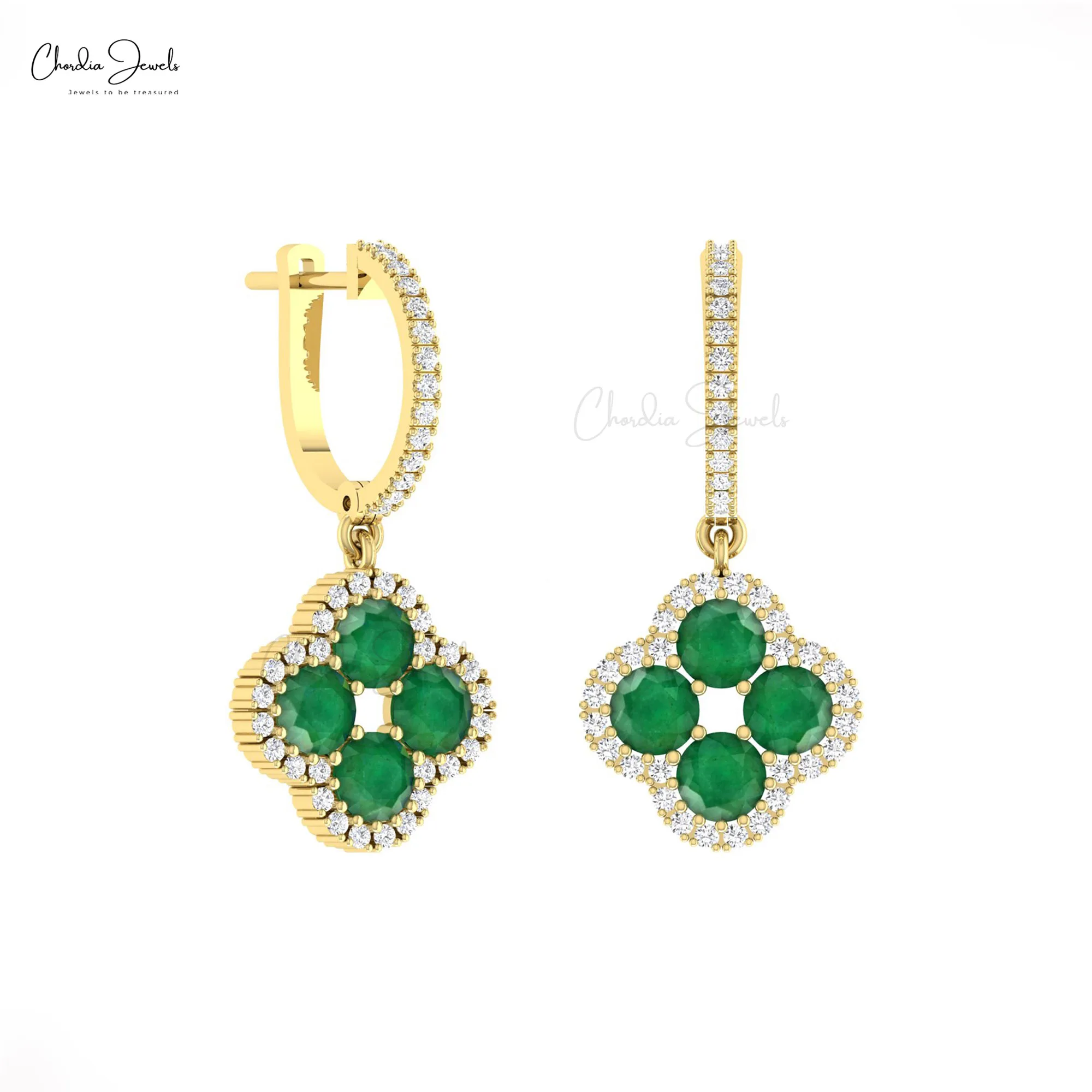 2024 New Products 4mm Round Emerald Gemstone Dangle Earrings 14k Real Gold Diamond Halo Clover Earrings Wholesale Fine Jewelry
