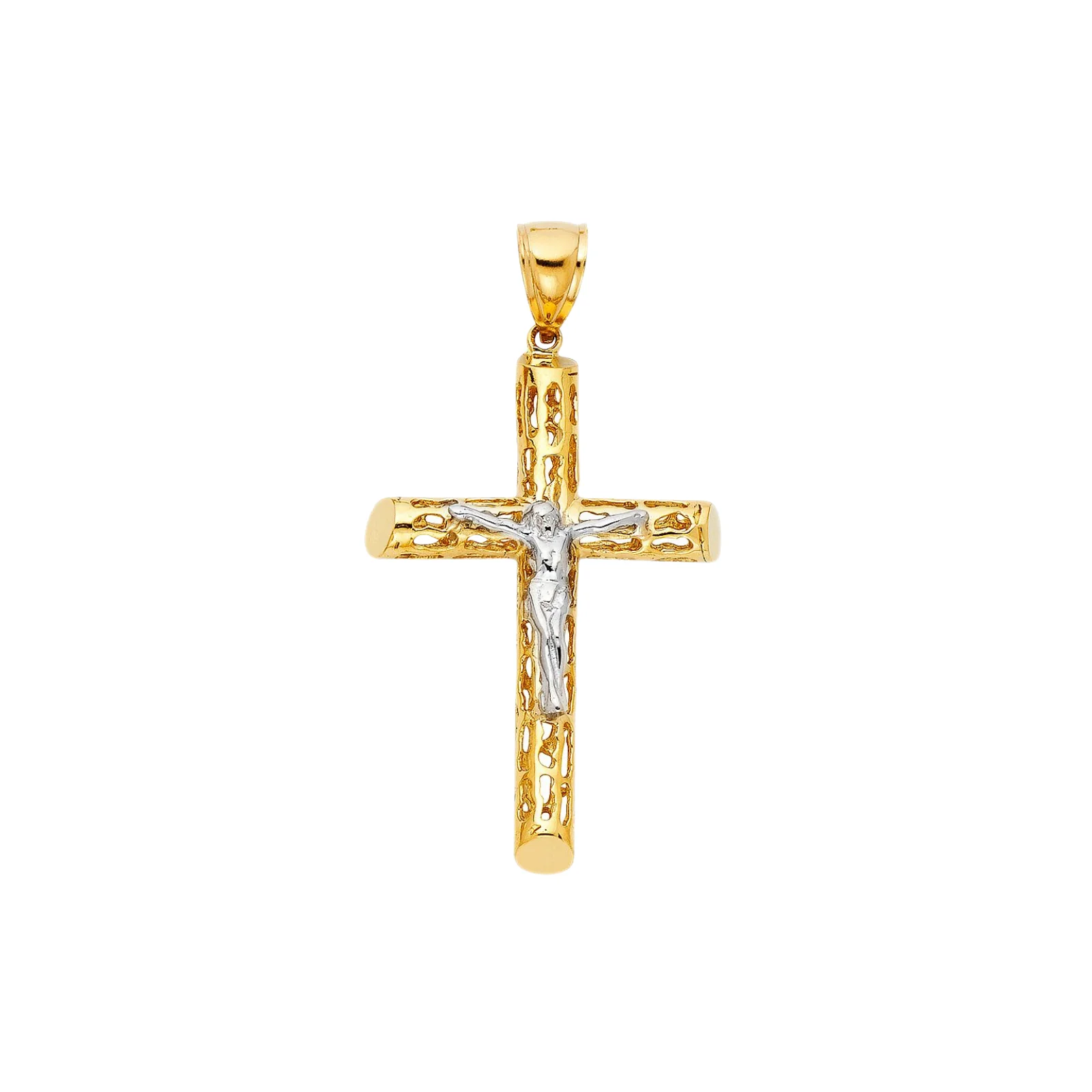 New Arrivals 14K Silver and Yellow Gold Plated Crucifix Charm Pendant with a classic and fancy design