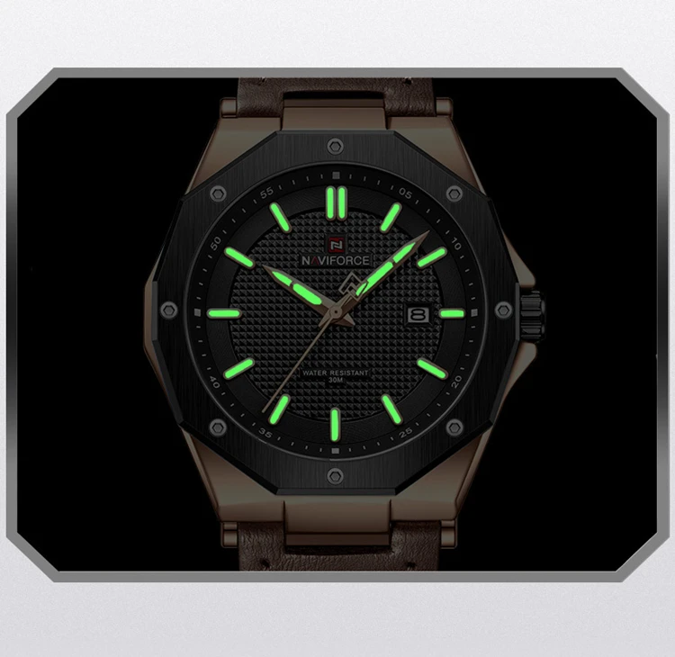 NAVIFORCE 9200L Top Brand Mens Dodecagon Luminous Sports Watch Vegan Leather Watch