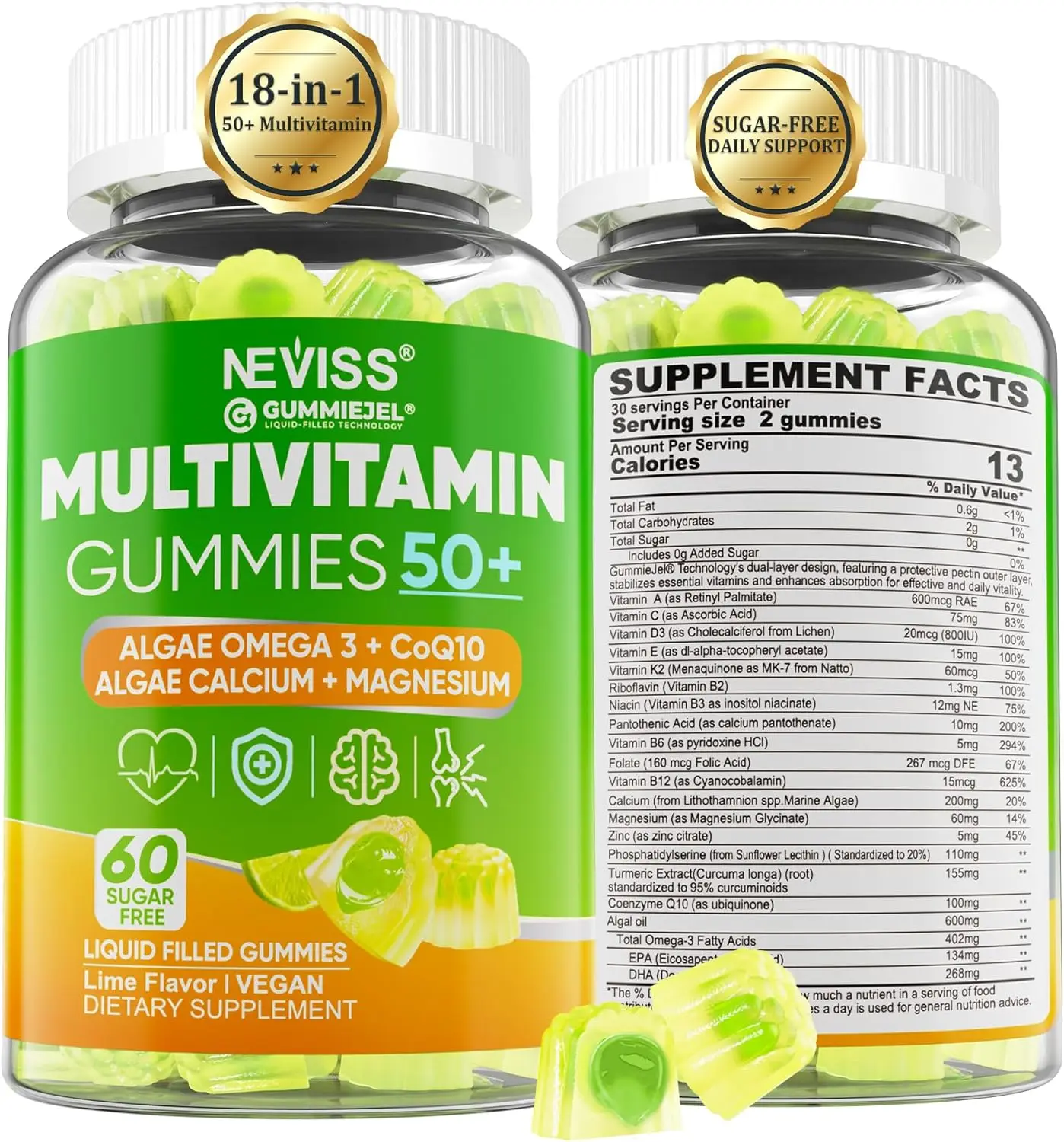 Vigo-Multivitamin Gummy Supplement with Omega 3 & Coq10 & D3K2,Calcium Magnesium Zinc,Vitamin A,C,E for Heart,Brain,Bone,Immune