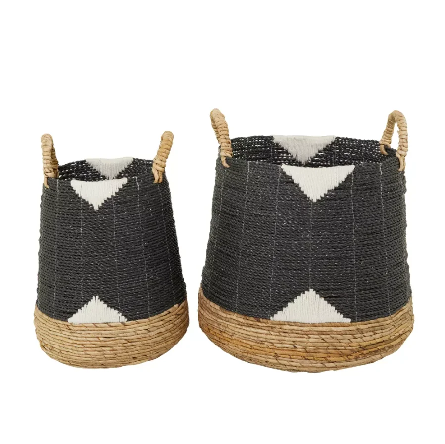 Unique Boho Black and White Water Hyacinth Storage Baskets With Handles | Round Storage Laudry Baskets for Livingroom Bathroom
