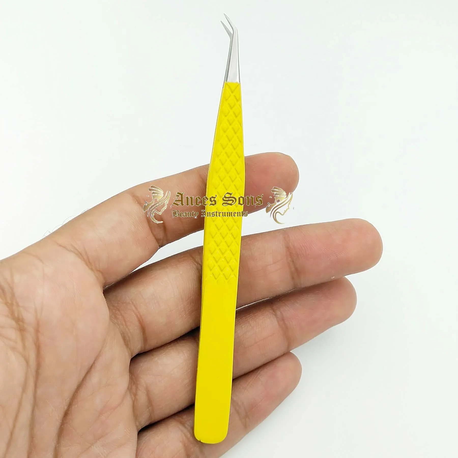 Diamond Grip Isolation Tweezer Yellow Powder Coated With Silver Tip Eyelash Extension Tweezer