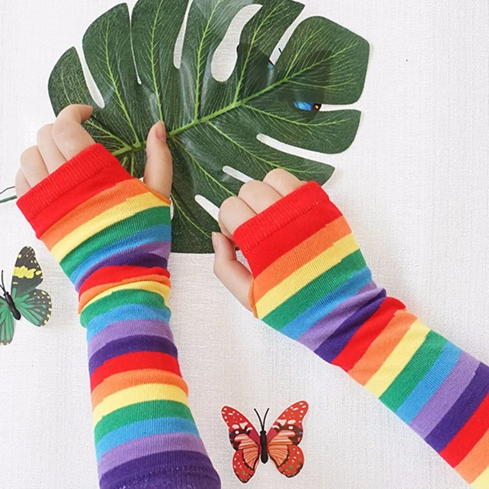 New Fashion Long Glove Arm Cover Rainbow Striped Fingerless Cotton Long Wristband Sleeve