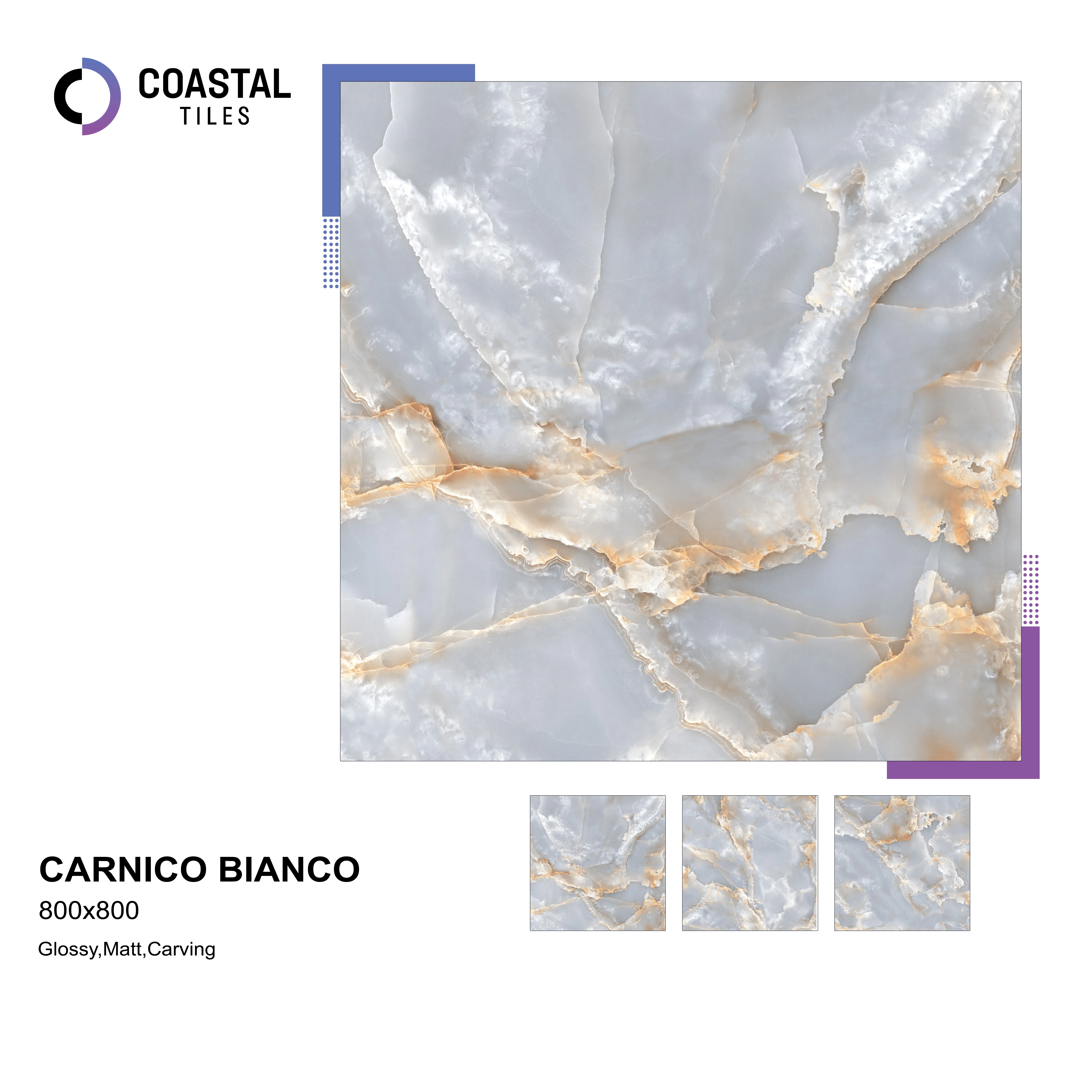 Полированная фарфоровая плитка CARNICO BIANCO 800x800 мм/32x32 премиум класса прибрежная