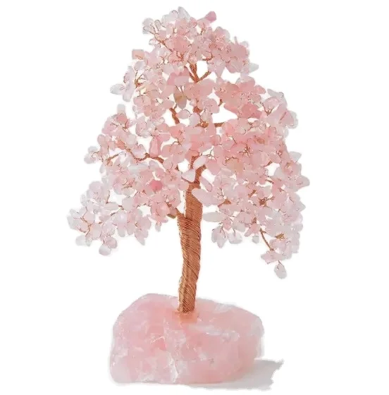 Rose Quartz 300 CHIPS Bonsai Tree with Rose Quartz Base  - Rose Quartz tree , coper wired tree , rose quartz rough base tree