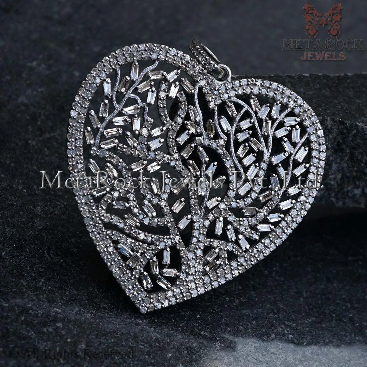 925 Sterling Silver Most Beautiful Tree Of Life Baguette Pave Diamond Luxury Heart Pendant