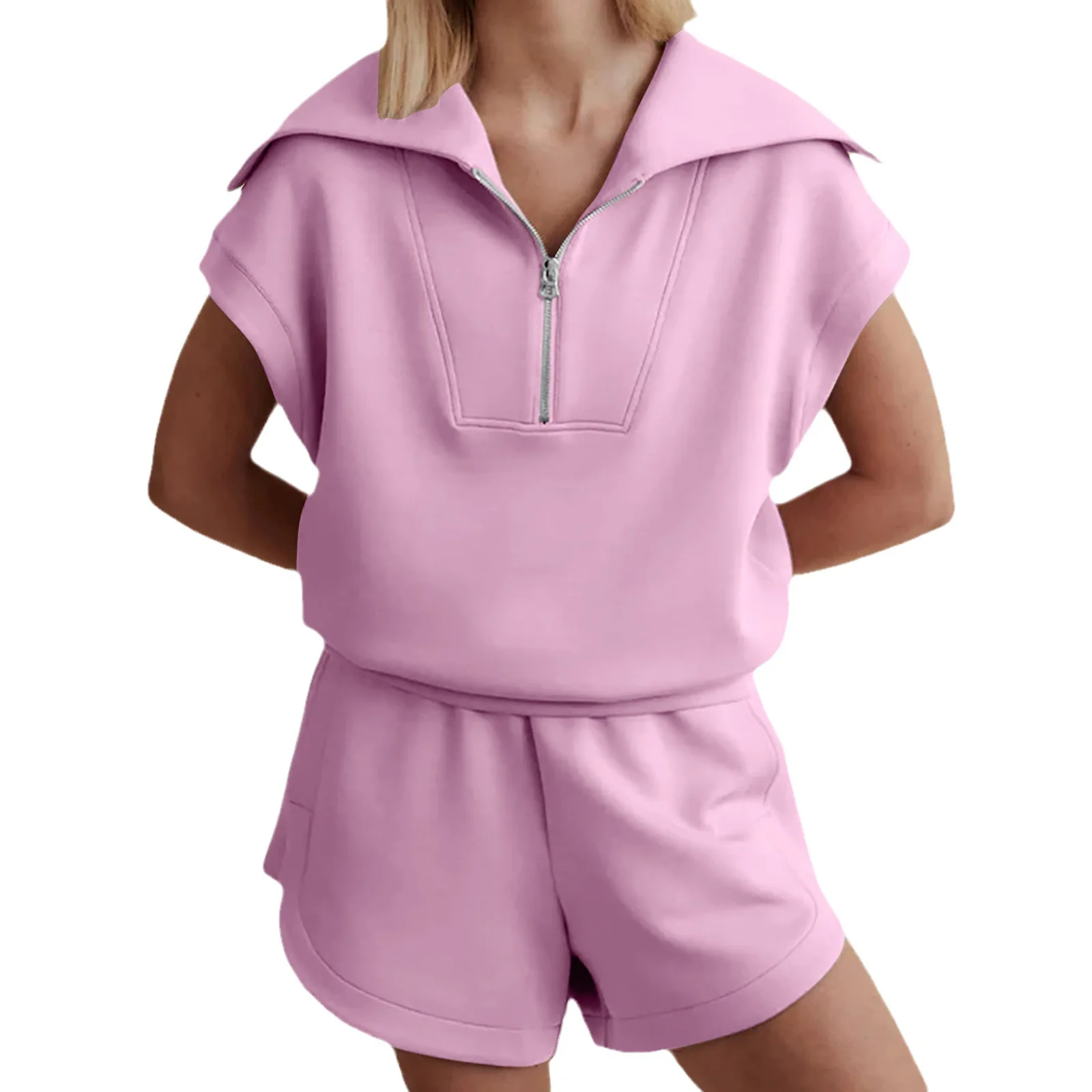 2024 Women clothing casual solid colour half zip top hoodie short sleeve and drawstring high waited shorts tracksuit Sweatshirt