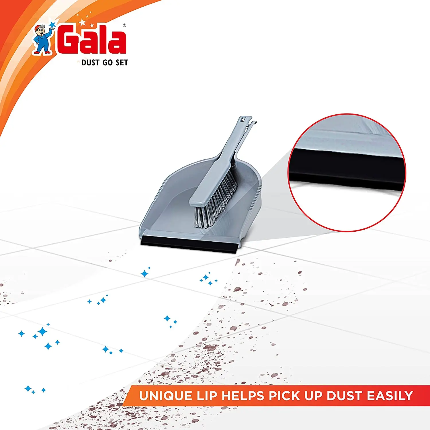 Gala No Dust Floor Broom Synthetically Engineered bristles & Sponge Non-Stick Wipe Brushes and Dustpan Set