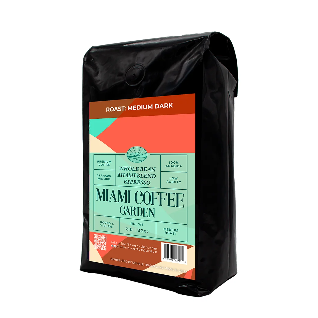 Miami Espresso Roasted Whole Beans Medium Roast 2 lb bag 100% Arabica Low Acidity Miami Coffee Garden