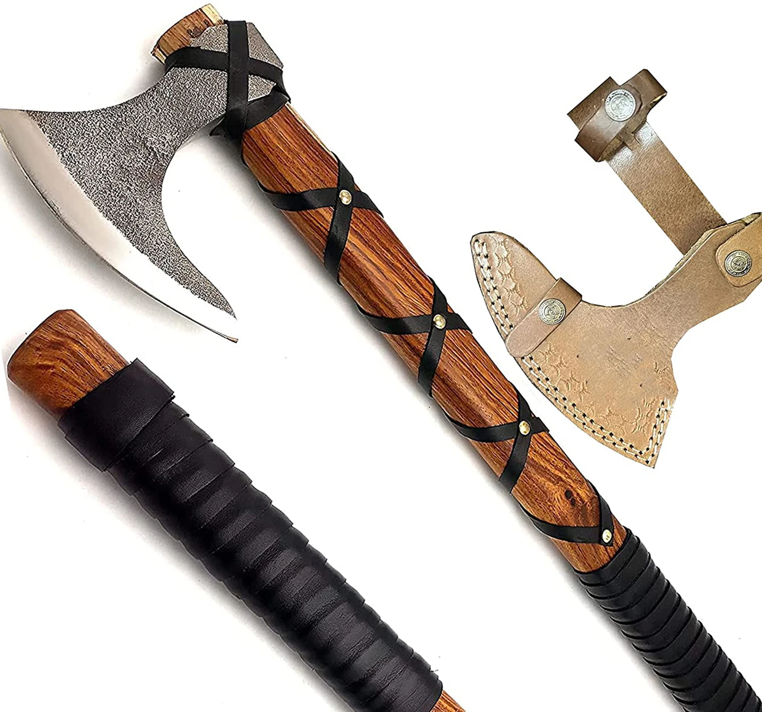 High Quality Custom Hand Made Damascus Hunting Hatchet Smoke Pipe Axe Hand Forged Wood  Handle With Leather Sheath