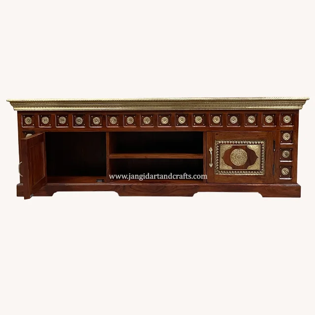 Farmhouse Vintage Wooden Console Cabinet Brass Inlay Metal Wood Decoration Modern TV Unit Cabinet Living Room TV Stand Furniture