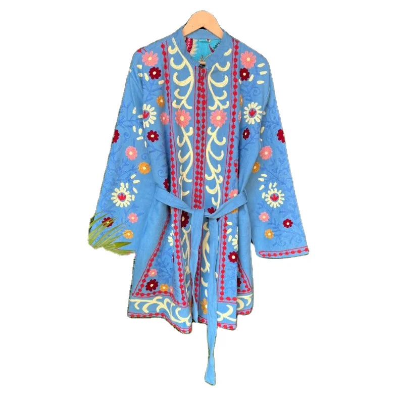 Floral Design Women Jacket Suzani Embroidered 100% Cotton Short Kimono Coat Comfortable New Hot Demanding Adults Christmas Sale