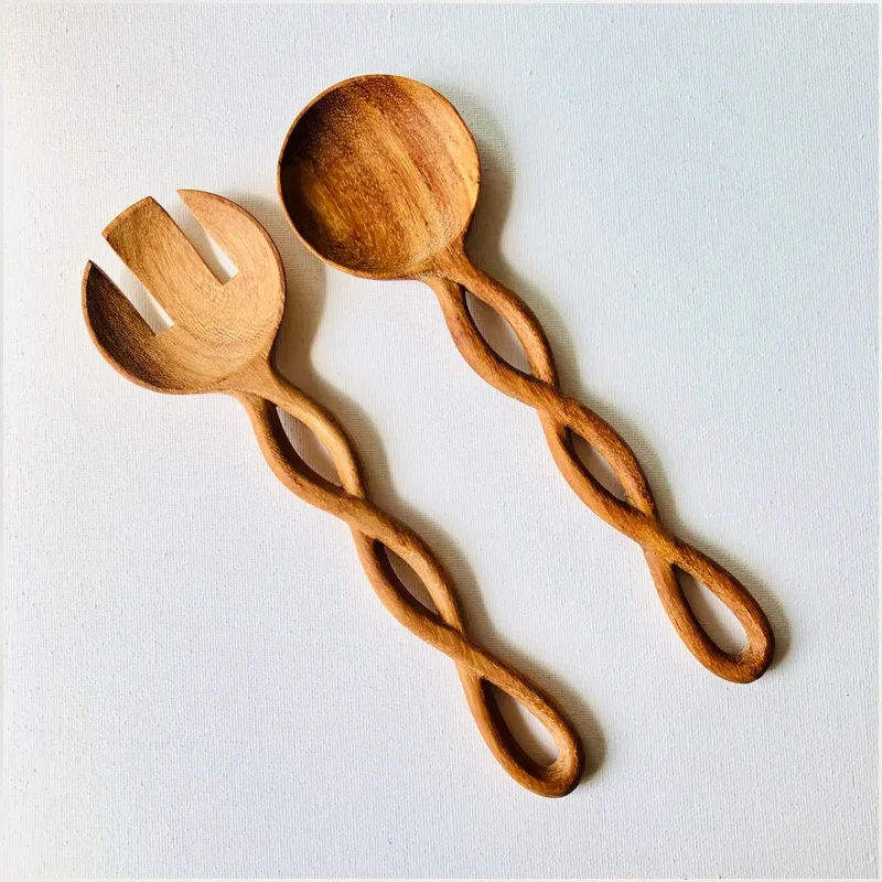 Hot Sale Handcarved Large Salad Server Spoons, Twisted Handle Doussie Wood Spoons Vienam Supplier Cheap WHolesale
