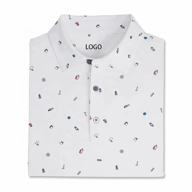 High Quality Custom Embroidery Logo Patterned Doodle Printing Lisle Self Collar Sublimation Men Performance Golf Shirts