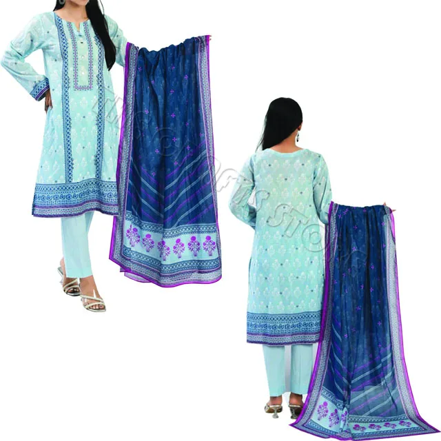 Original Branded Pakistani Lawn 3 Piece Suits With Gold Table Printed With Lace Work Embroider