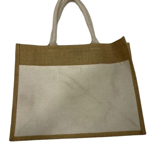Jute shopper Bag heat transfer print with outer pocket designs sizes Colors Printing packing styles manufacturer and wholesales.