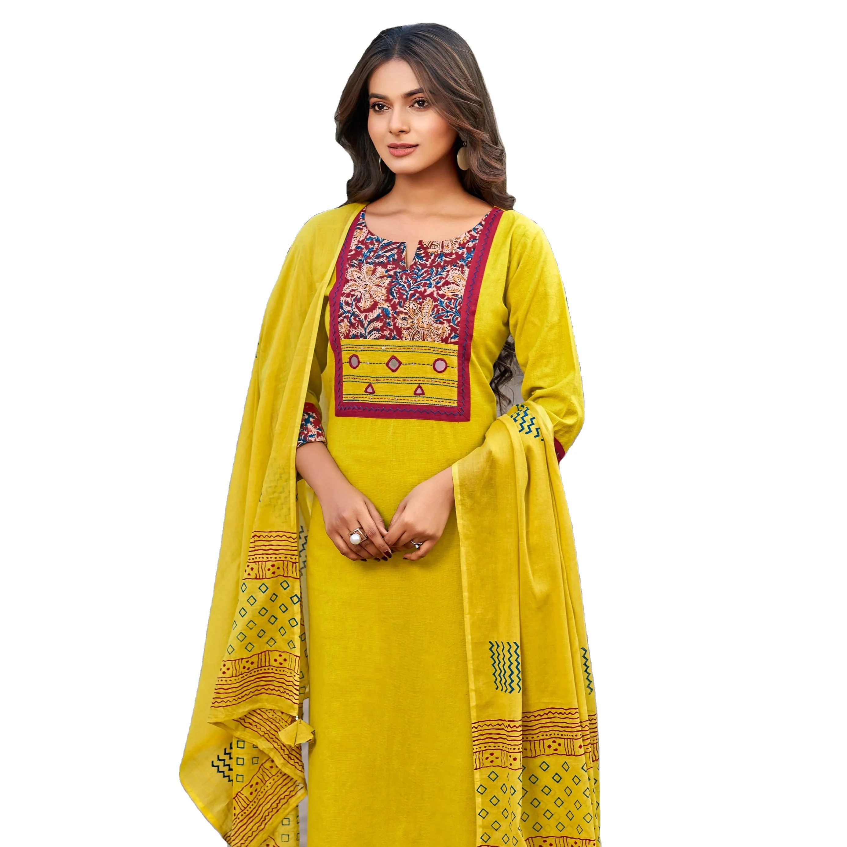 New Cataloger Cotton Print With Hand Work with dupatta Kurti set for online sale