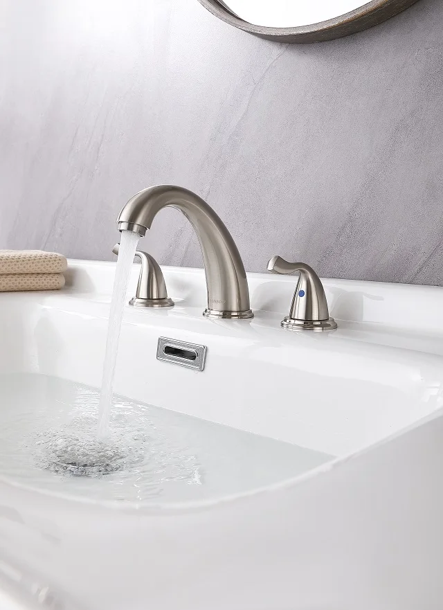 Brushed Nickel Bathroom Faucet, Bathroom Vanity Sink Faucets with Pop-up Drain and Supply Hoses Two Handles Widespread 8 Inch