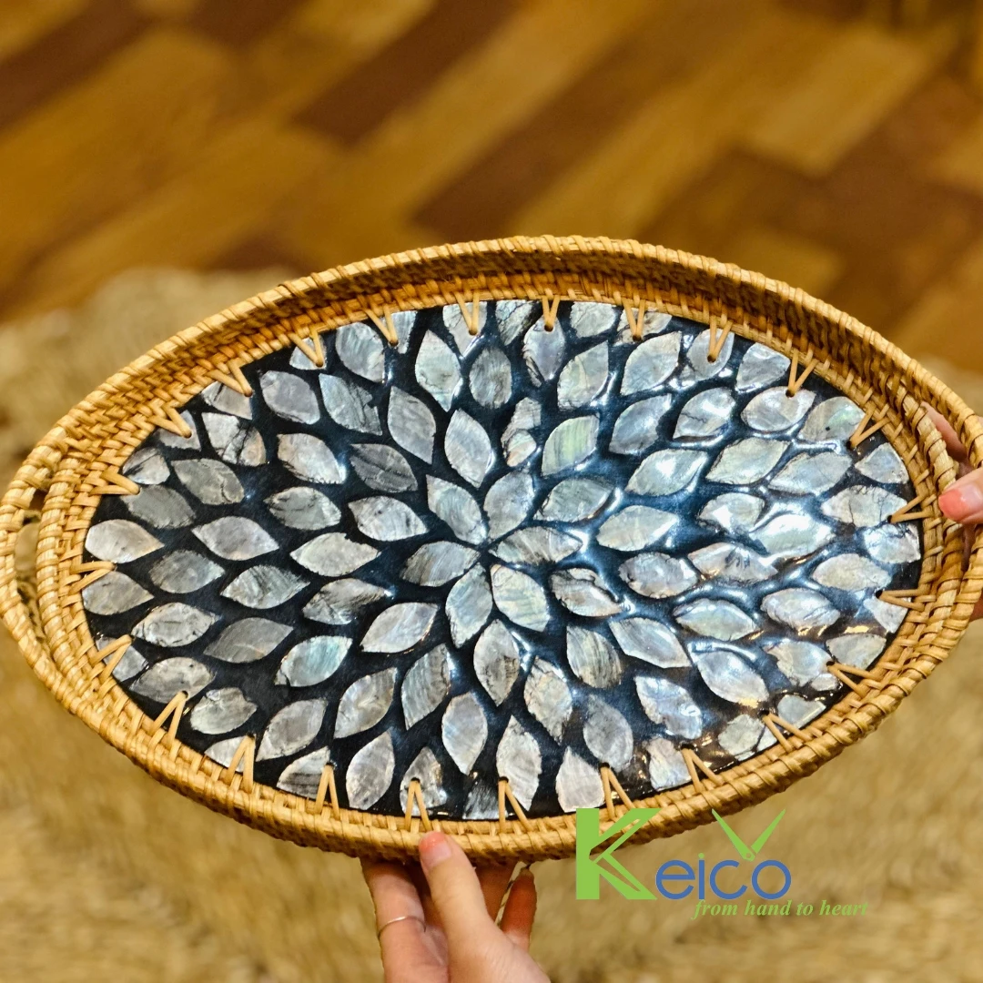 Wholesale Black Rattan Oval Plates and Dishes with Mosaic, Ceramic Customized Pattern For Kitchen For Home Decor made in Vietnam