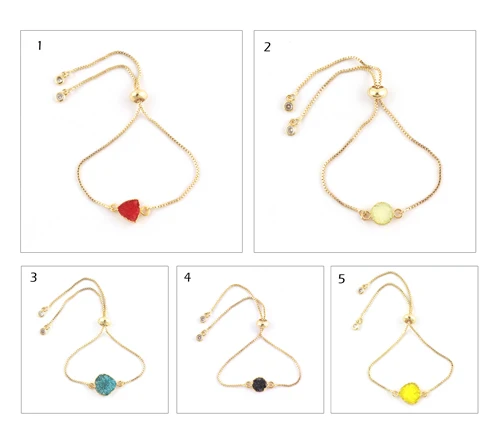 Romantic heart shape lemon sugar druzy & cz quartz slider lock bracelet 24k gold plated box chain adjustable bracelet for woman