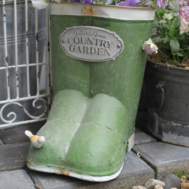 Outdoor Metal Flower Pot Basket Bucket Green Belt Iron Bird Boots Vintage Flower Stand Garden Decoration