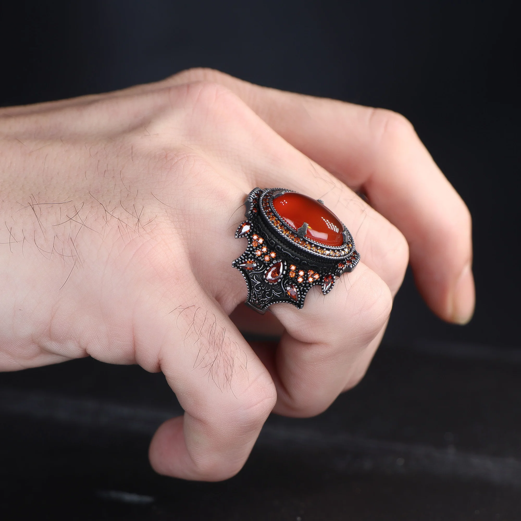 Aqeeq Oval Stone Men Ring 925 Silver Luxury Handmade Men Ring Turkish Wholesales Silver Jewelry