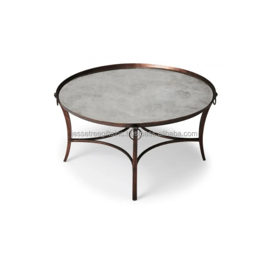 Metal Sheet Strips Accent Table With Antique Gold Finishing Grass Design Excellent Quality With Round Glass Top For Living Room