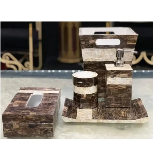 Mother of Pearl Bathroom accessories Tray Box Vase Dispenser Mother of pearl accessories set for Bathroom or washroom use
