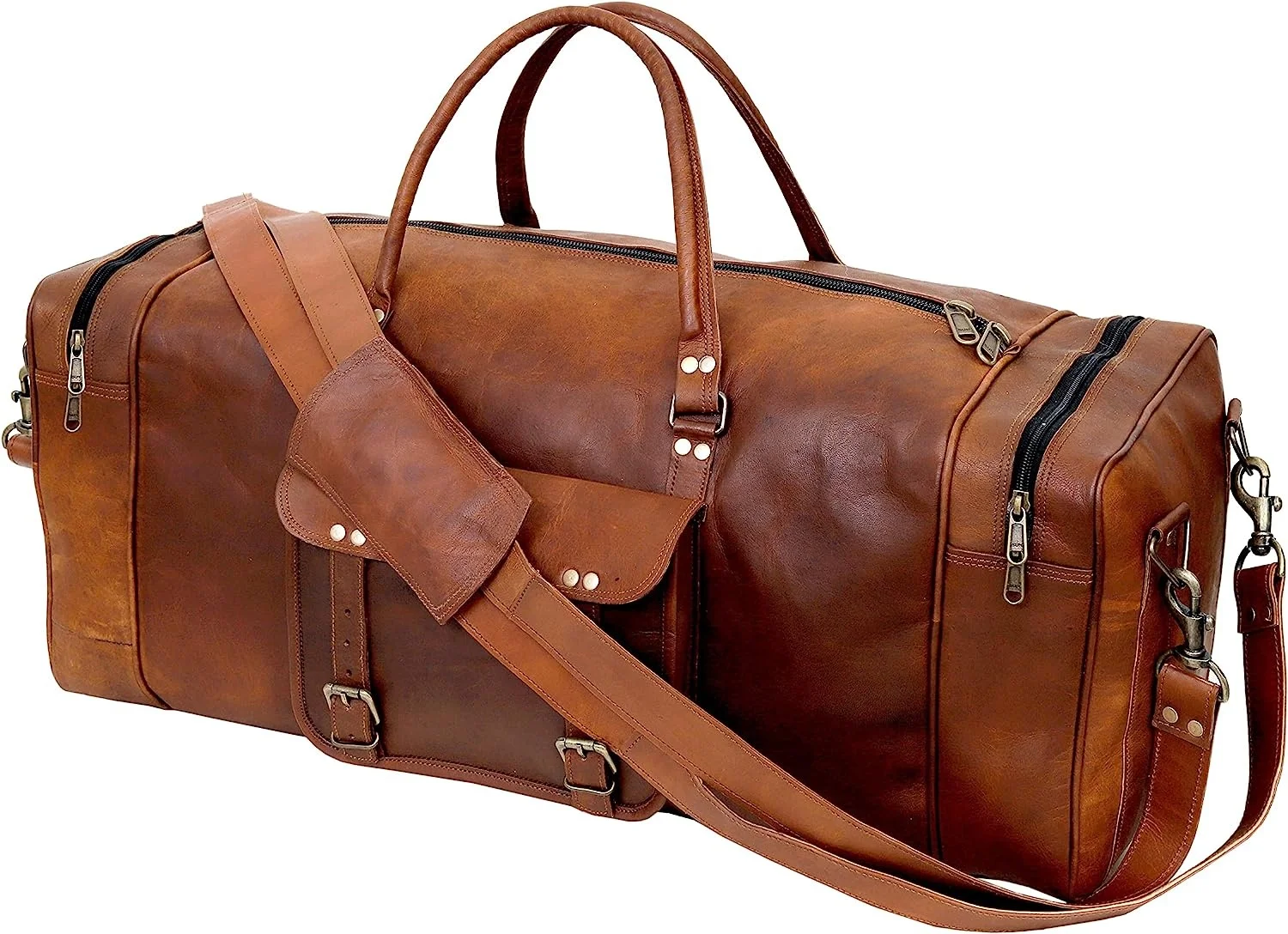 Leather Duffle Bags Large 24 Inch Square Duffel Travel Gym Sports Overnight Weekender Leather Bag for Men and Women