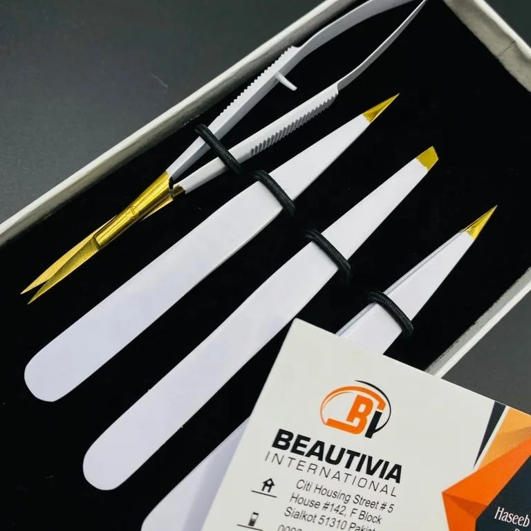 White Powder Coated Gold Tip Brow Tweezer Solid Slanted Stainless Steel Eyebrow Tweezers With Spring Scissor