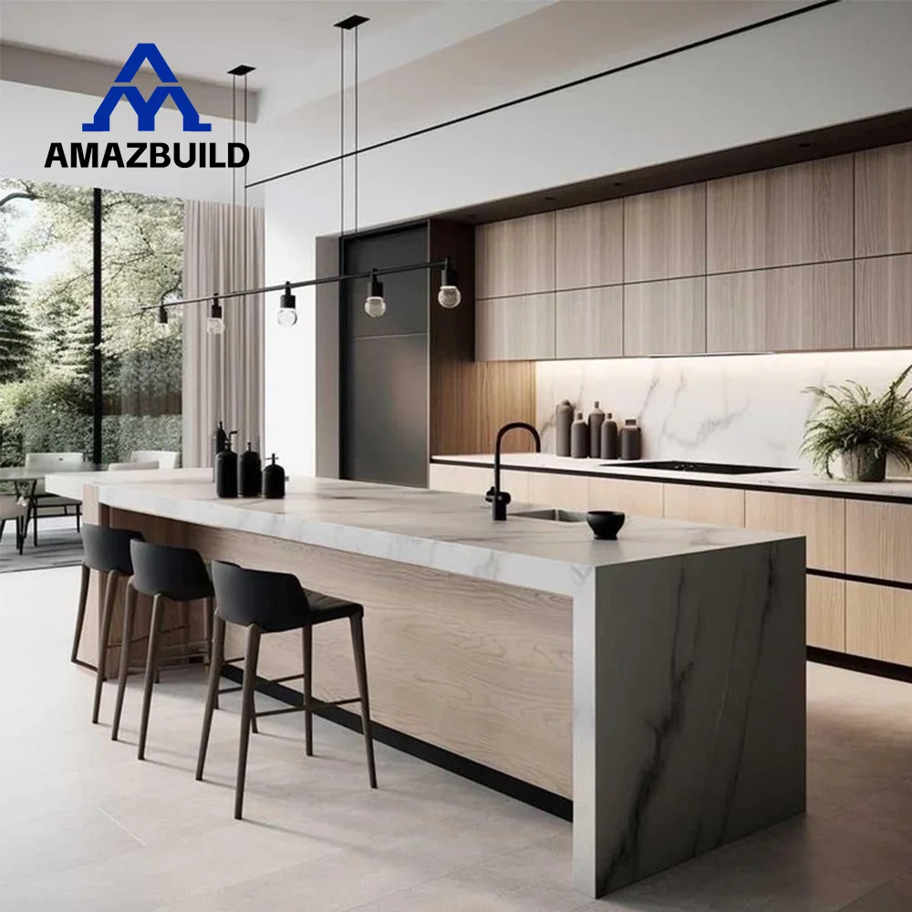 AMAZBUILD Modern American Style Luxury Home Complete Matt Black Wood Kitchen Cabinets