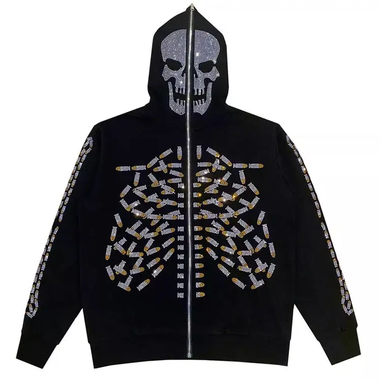 Custom heavy weight full face zip up hoodie rhinestone skull print hoodie sweatshirt for men horn hoodie