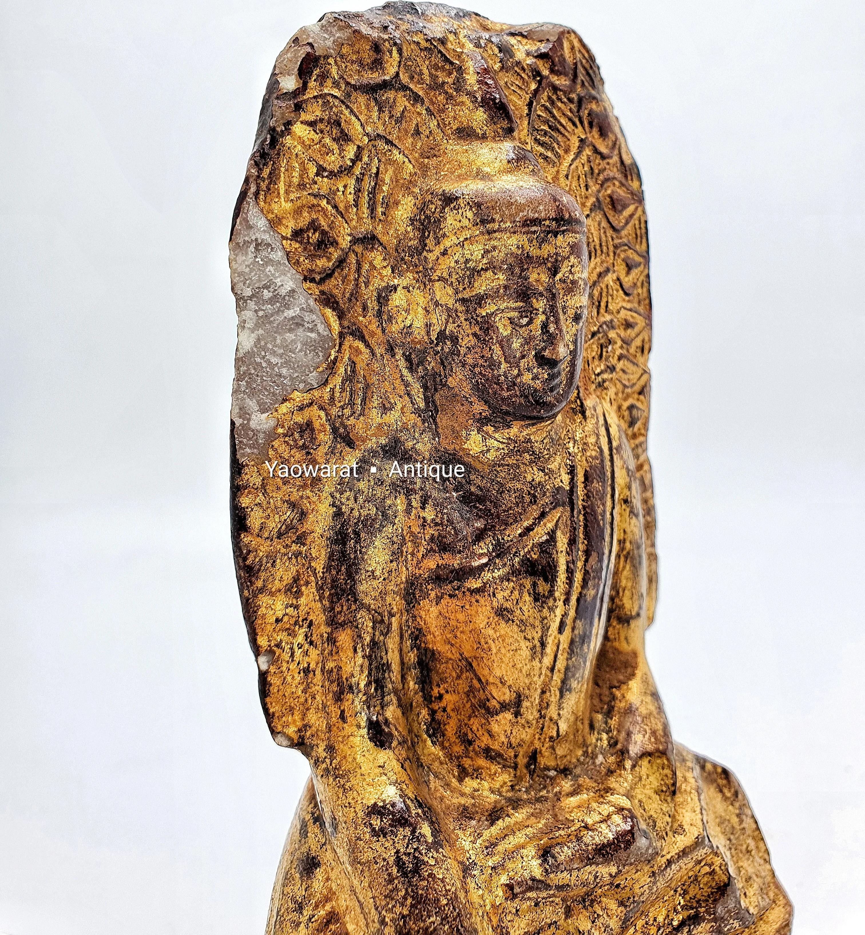 Antique Stone Carved Buddha Statue for Worship Covered with Lacquer Gilded The Attitude of Subduing Mara Home Decor