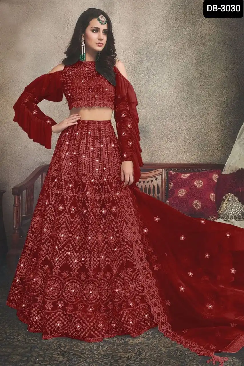 Heavy Designer Clothes Heavy Embroidery Work Net Material Lehenga Choli and Dupatta with Both Side Jalar Lace Border Lehenga