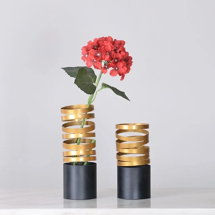 Home decoration modern design gold black spiral cylindrical flower metal vase Golden flower vase office decor modern design