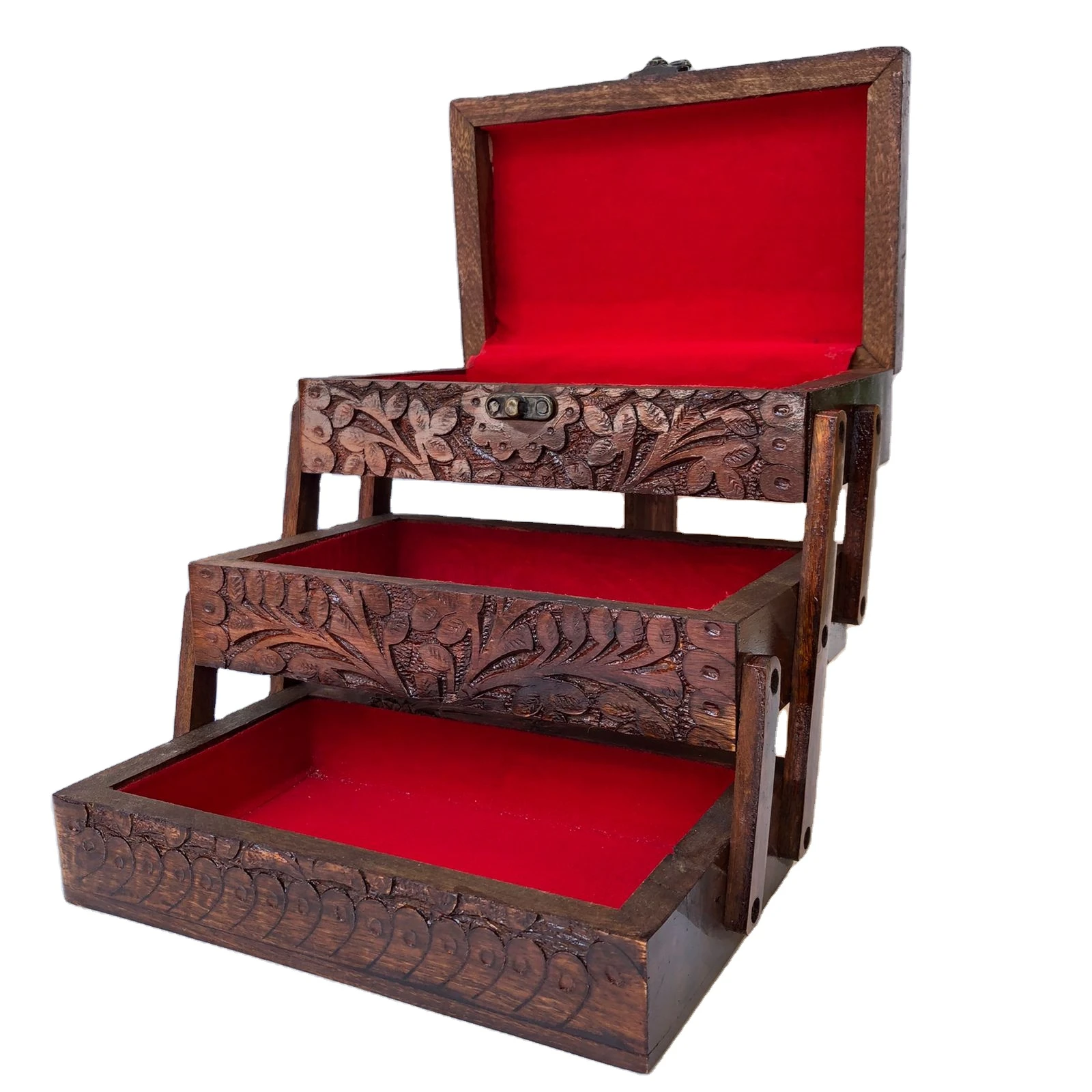 Handmade Hand Carved handi craft wooden Best Quality Wooden Jewelry Box Three Step Hand Carved Modern handi craft Wooden gift