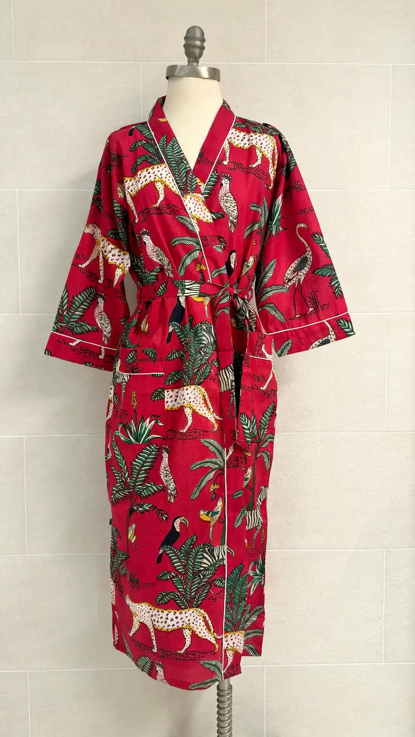 Hot Selling Good Quality Silk Material Long Length Floral Pattern Design Kimono Robe with Belt and Sleeves for Women & Girls