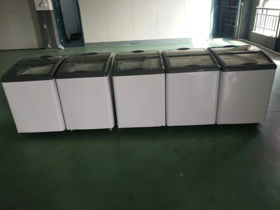 DC 12V24V curved glass door chest freezer for ice cream brand compressor mechanical temperature controller refrigerant odm /oem