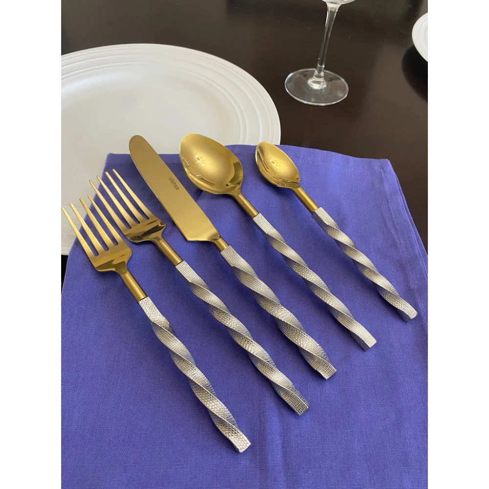 Flatware Set Kitchenware Silverware Tableware With Silver Color Twisted Design Handle And Gold Color Stainless Steel Top