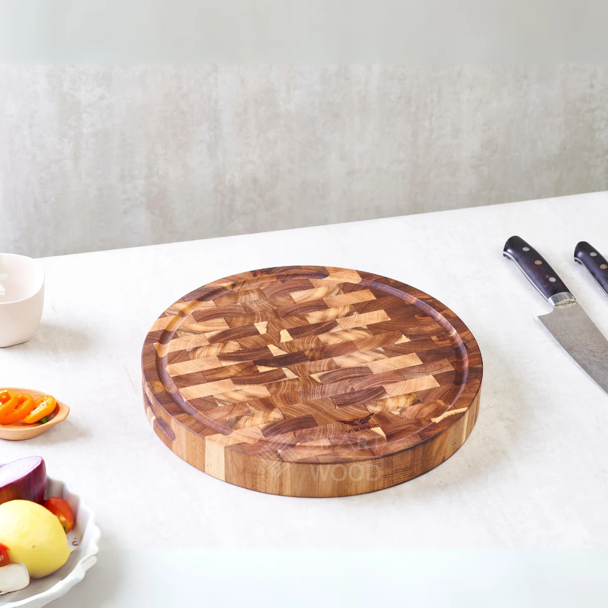 WHOLESALE ACACIA END GRAIN ROUND SHAPE  CUTTING BOARD CHOPPING BLOCK FOR KITCHEN WITH CUSTOMIZED SIZES FROM SMARTWOOD
