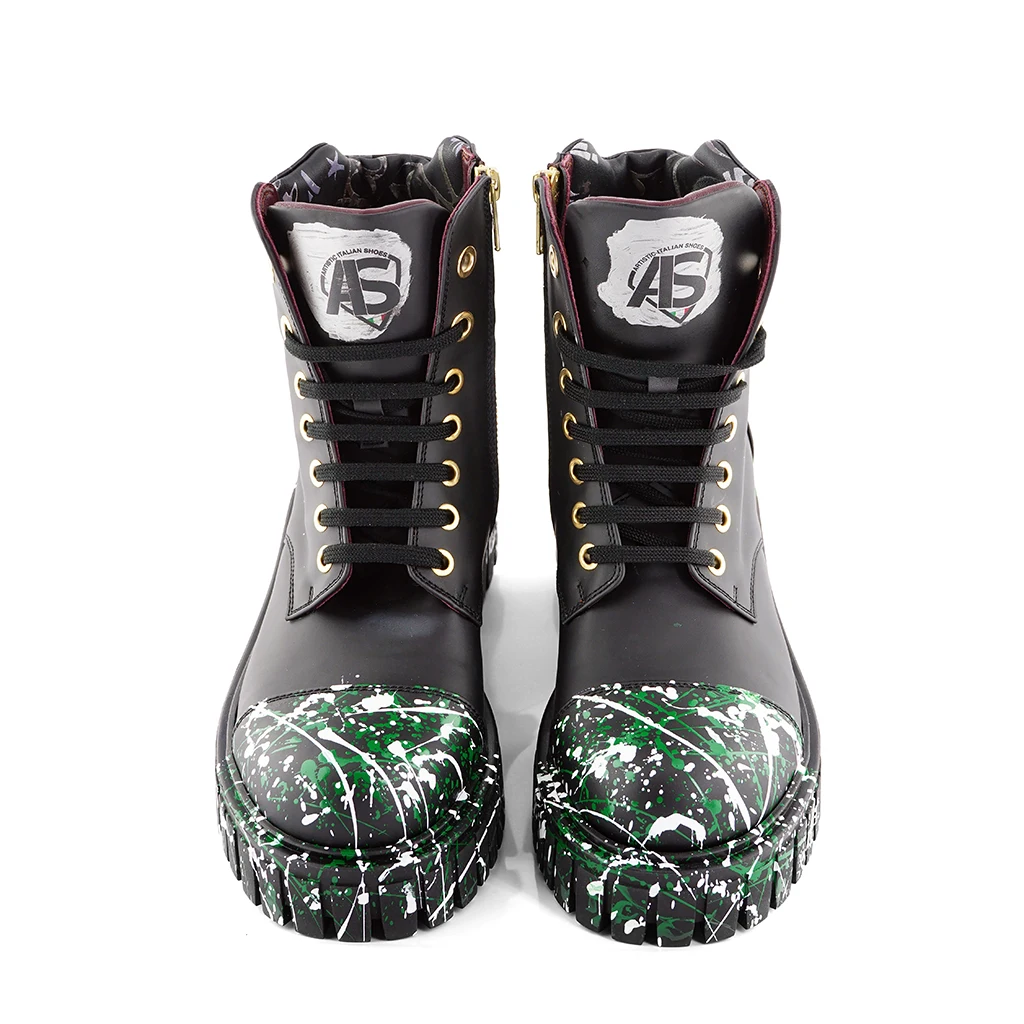 HIGH QUALITY YOUNG HANDMADE BLACK LEATHER ANKLE BOOT GREEN DETAILS WALKING MAN BOOT MADE IN ITALY