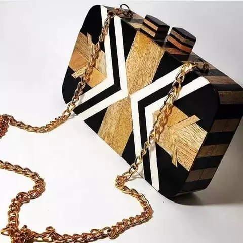 Black And White Resin wIth Mango Wood Inlay Rectangular Shape Crossbody Handbag For Woman