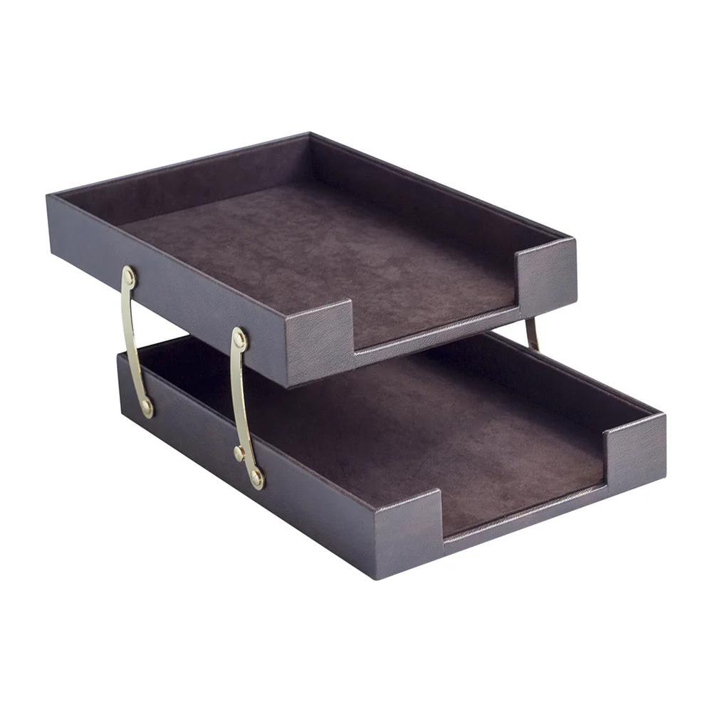 Modern Double Document Tray Foldable Leather and Mesh Metal Desk Organizer Office Desktop Tray Set