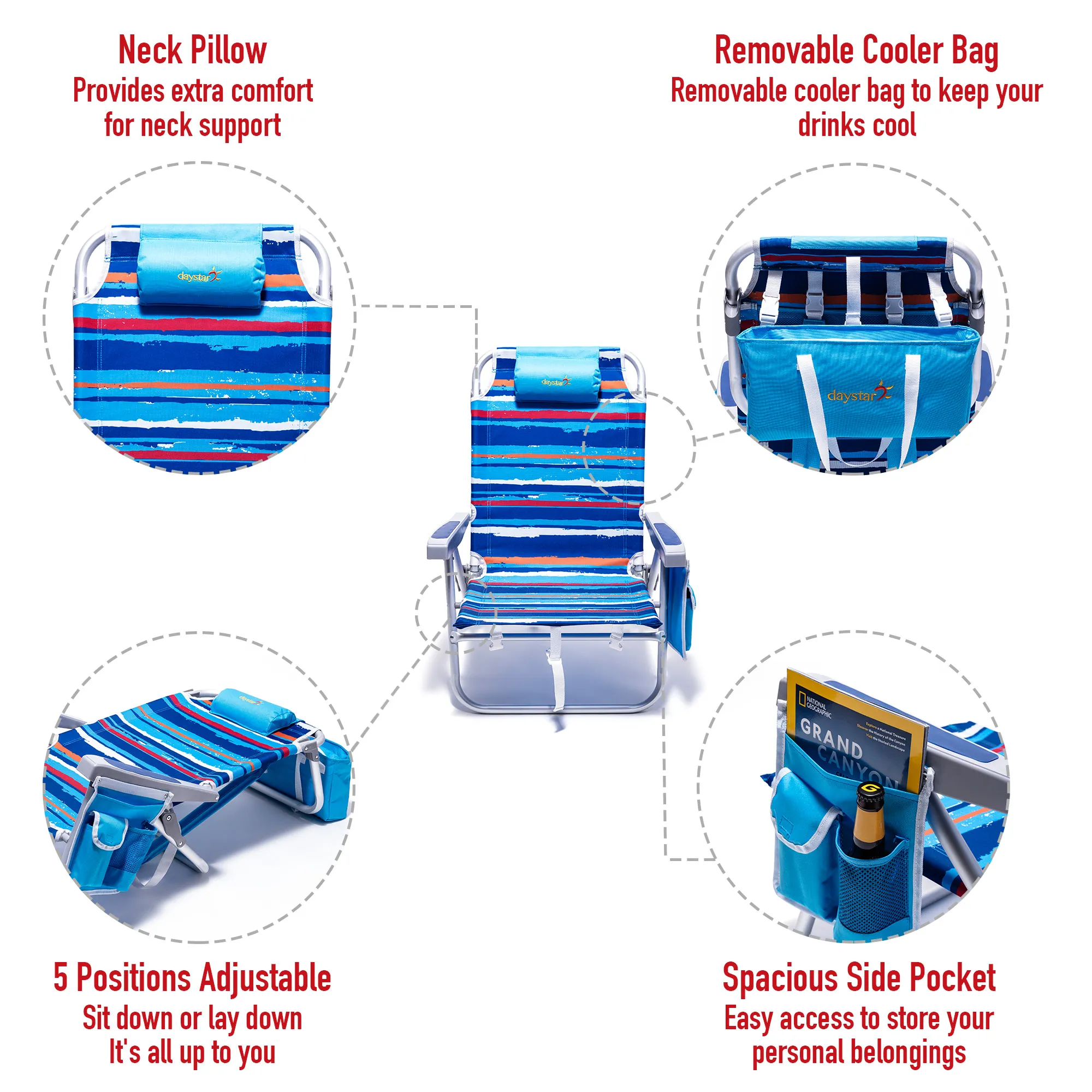 SunnyFeel Folding Lounge Chair with Attached Beverage Holder 5 Recline Settings in Striking Blue Striped Fabric for Coastal Fun