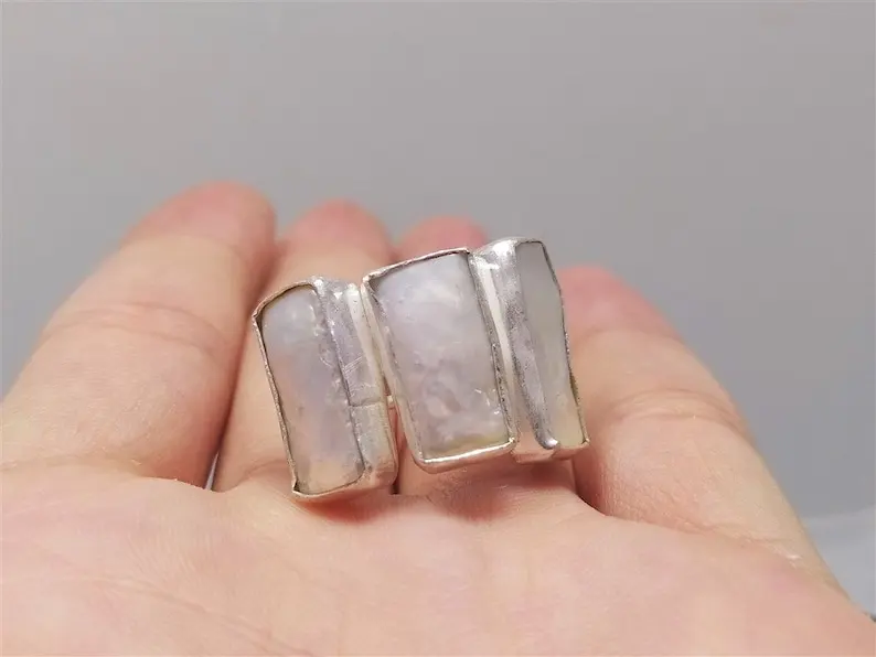 Bali Handmade 925 Sterling Silver Biwa Pearl Ring Gorgeous Natural Baroque Design Beautiful Fine Ring