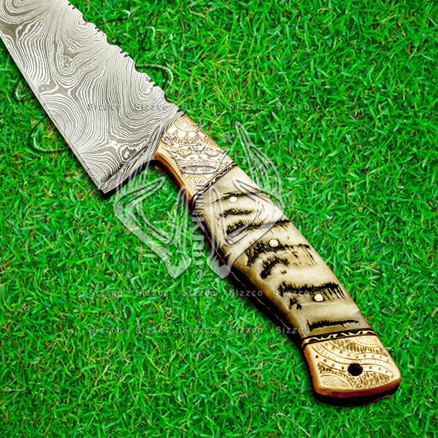 High Quality Custom Damascus Steel Kitchen Chef Knife Handle Ram Horn, Engraved Brass, Leather Sheath Top Rated Selling item